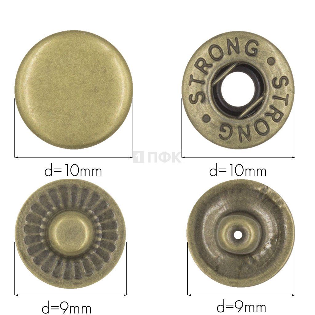 Кнопка для одежды 10мм Альфа латунь цв антик (уп 1440шт) STRONG